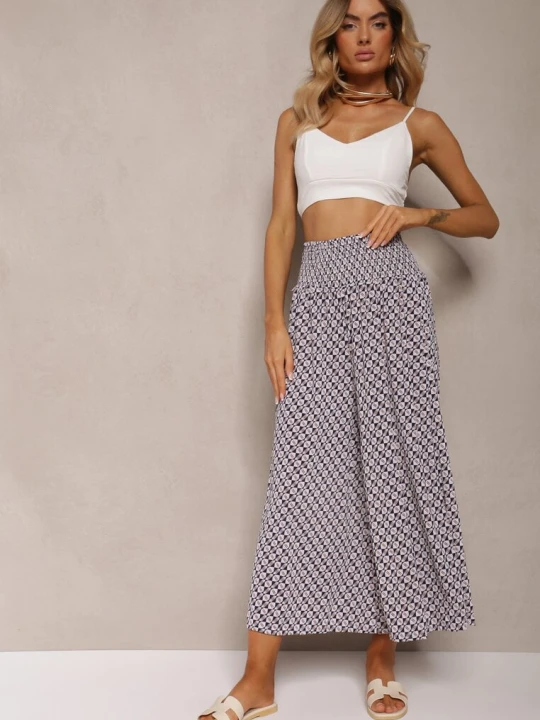 Zdjęcie produktu Granatowo-Białe Spodnie High Waist z Bawełny z Rozszerzanymi Nogawkami i Gumką Nereialla Defox