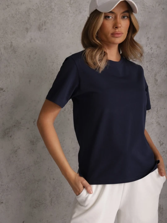 Zdjęcie produktu Granatowy Bawełniany T-shirt Ozdobiony po Bokach Rozcięciami Brinelle Romee's