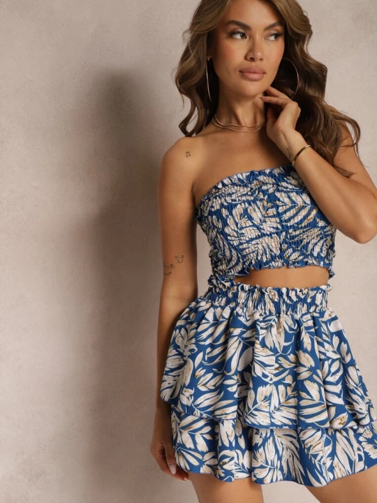 Zdjęcie produktu Granatowy Komplet Elastyczny Top bez Ramiączek Szorty High Waist z Gumką w Talii Tiloa