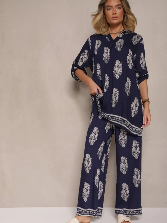 Zdjęcie produktu Granatowy Komplet Oversize w Stylu Rustykalnym Długa Koszula i Szerokie Spodnie Mepilara M&d Fashion