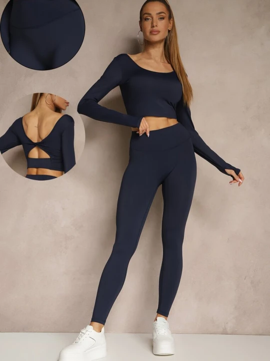 Zdjęcie produktu Granatowy Komplet Sportowy Legginsy High Waist i Longsleeve z Ozdobnym Tyłem Dasalle Yu & Me