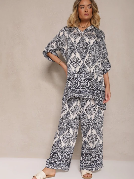 Zdjęcie produktu Granatowy Komplet z Wiskozą o Kroju Oversize Koszula i Spodnie Nilarithia M&d Fashion