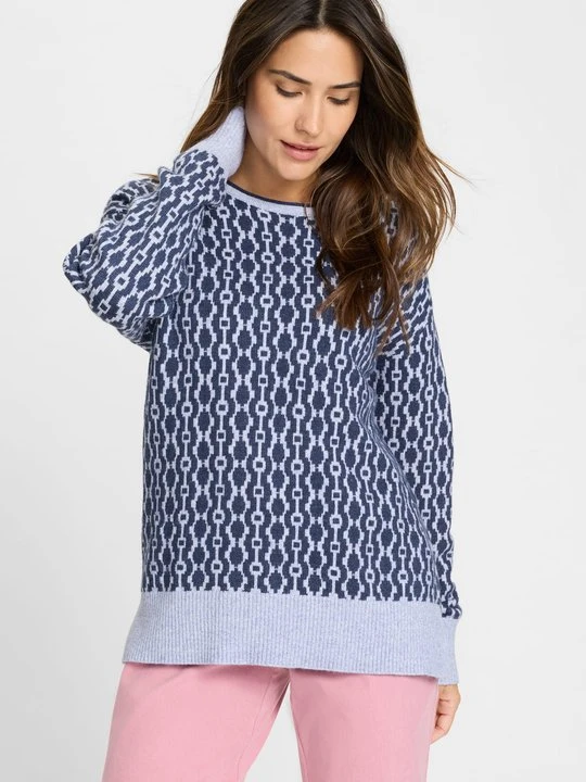 Zdjęcie produktu Granatowy sweter damski Cora z geometrycznym wzorem – Vintage Romance Olsen