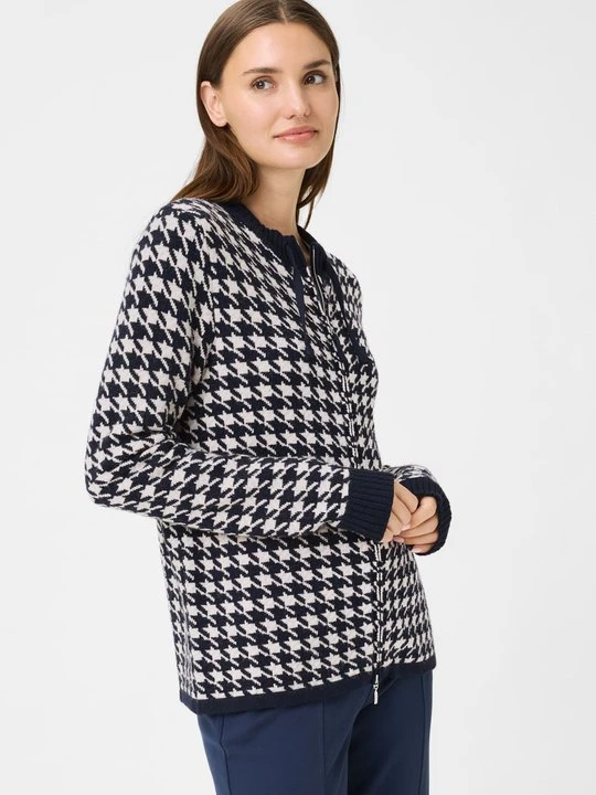 Zdjęcie produktu Granatowy sweter damski Henny w pepitkę zapinany na suwak – New Passion Olsen