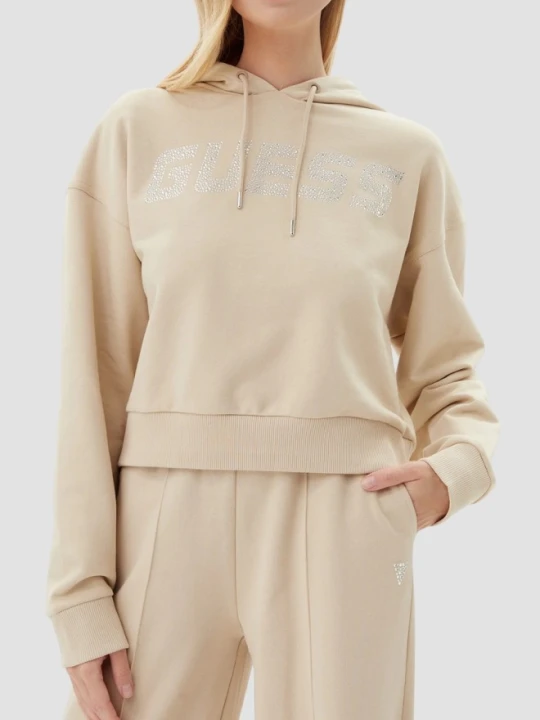 Zdjęcie produktu GUESS Beżowa bluza z kapturem damska z cyrkoniami Primula, Rozmiar L