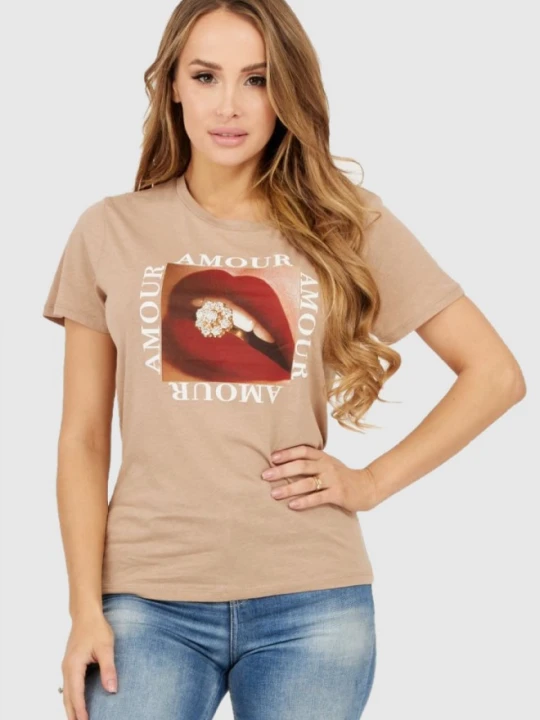 Zdjęcie produktu GUESS Beżowy t-shirt damski z nadrukiem amour, Rozmiar M