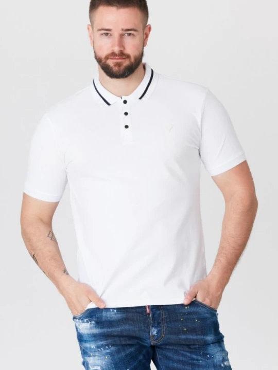 Zdjęcie produktu GUESS Biała męska koszulka polo z paskiem na kołnierzyku, Rozmiar XL