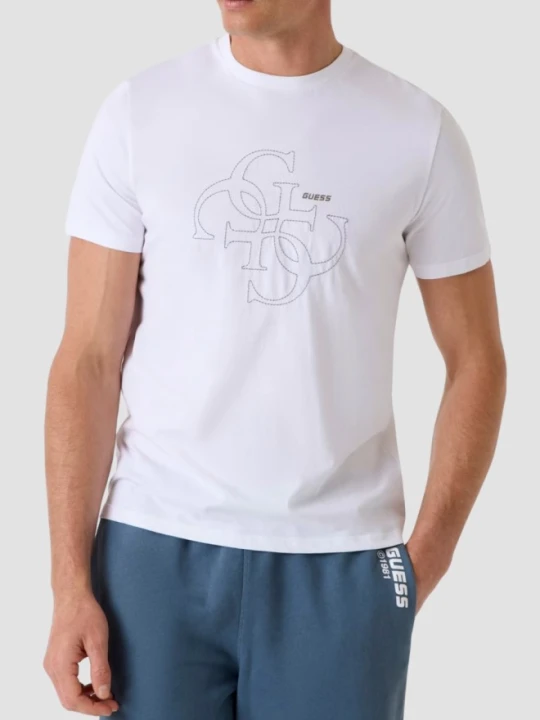 Zdjęcie produktu GUESS Biały bawełniany t-shirt męski na krótki rękaw z wyszywanym logo 4G Tiberio, Rozmiar S