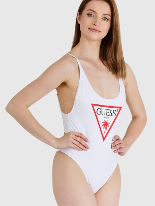 Zdjęcie produktu GUESS Biały damski jednoczęściowy strój kąpielowy z trójkątnym logo, Rozmiar XL
