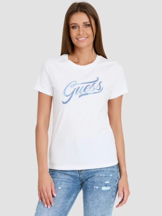 Zdjęcie produktu GUESS Biały damski T-shirt bawełniany STONES&EMBRO TEE, Rozmiar S