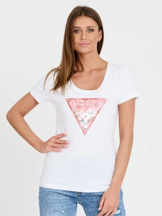 Zdjęcie produktu GUESS Biały damski t-shirt Satin Triangle Tee, Rozmiar XS