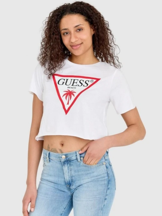 Zdjęcie produktu GUESS Biały krótki t-shirt damski bawełniany z surowym wykończeniem boxy fit, Rozmiar XL