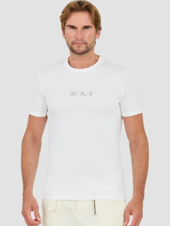Zdjęcie produktu GUESS Biały męski t-shirt bawełniany z haftowanym logo, Rozmiar XL