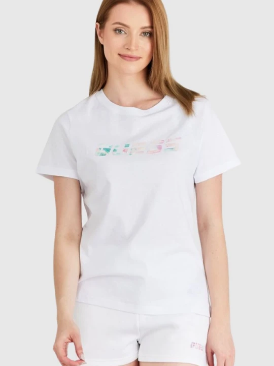 Zdjęcie produktu GUESS Biały t-shirt damski bawełniany z kolorowym logo, Rozmiar M
