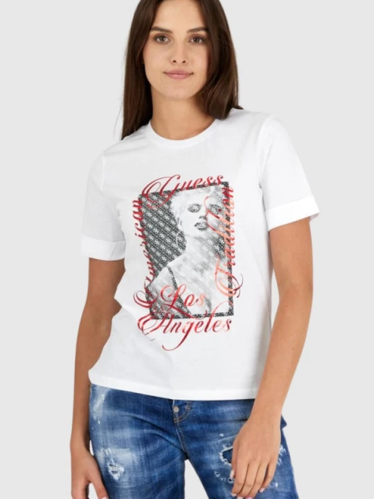 Zdjęcie produktu GUESS Biały t-shirt damski bawełniany z nadrukiem, Rozmiar XS