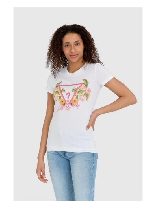 Zdjęcie produktu GUESS Biały t-shirt damski z logo z kwiatami i dżetami slim fit, Rozmiar S