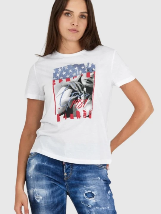 Zdjęcie produktu GUESS Biały t-shirt damski z nadrukiem i wiązaniem na plecach, Rozmiar XS