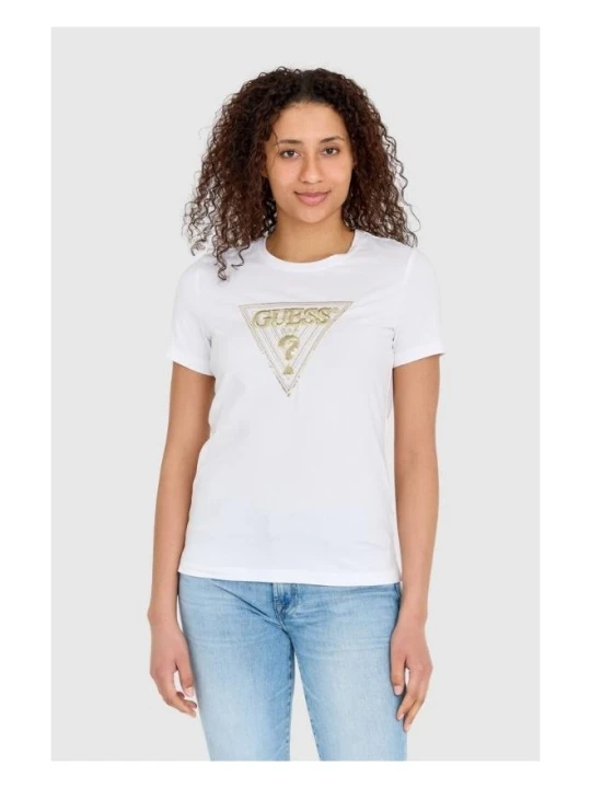 Zdjęcie produktu GUESS Biały t-shirt damski ze złotym haftowanym cyrkoniami logotypem slim fit, Rozmiar S