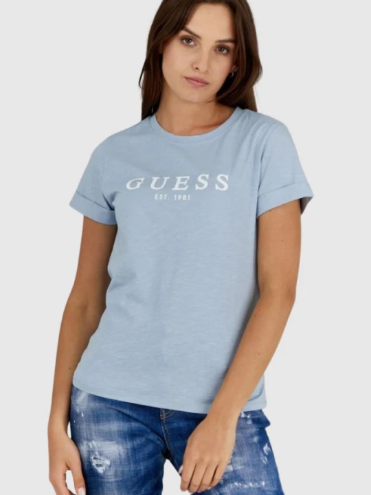 Zdjęcie produktu GUESS Błękitny t-shirt damski bawełniany z białym logo, Rozmiar XS Niebieski