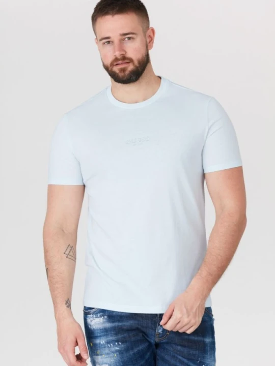 Zdjęcie produktu GUESS Błękitny t-shirt męski z aplikacją z logo, Rozmiar S Niebieski