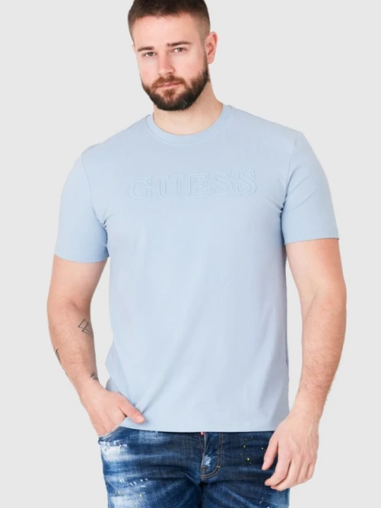 Zdjęcie produktu GUESS Błękitny t-shirt męski z wytłaczanym logo, Rozmiar XL Niebieski