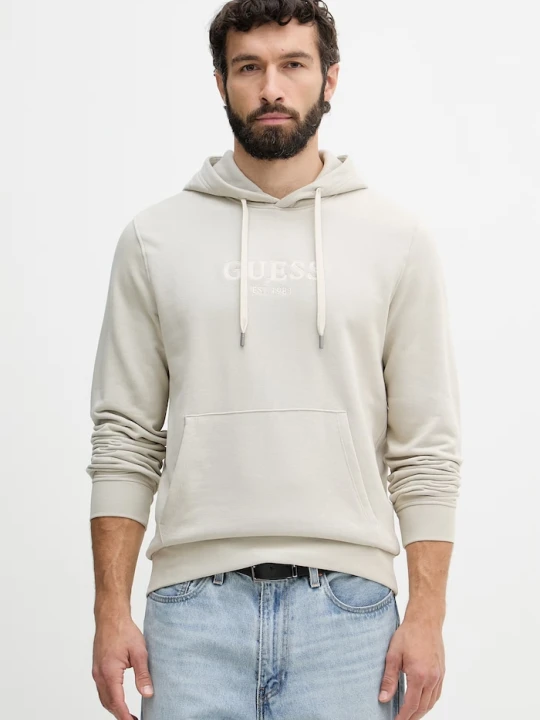 Zdjęcie produktu Guess bluza z kapturem męska z bawełną beżowy