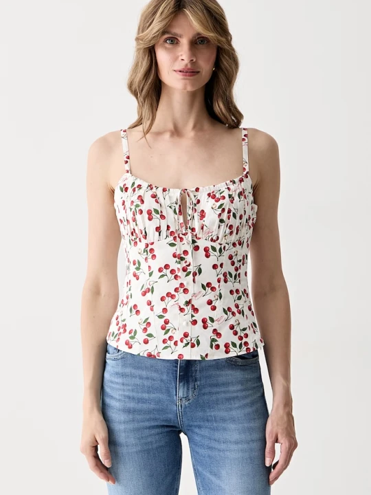 Zdjęcie produktu Guess bluzka na ramiączkach damska bawełniana z elastanem MARILYN MONROE beżowy