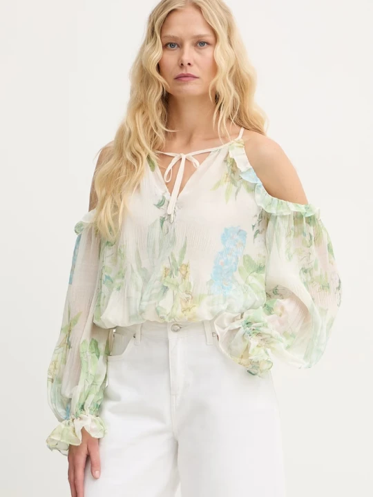 Zdjęcie produktu Guess bluzka z falbanką damska z wiskozy EMILY zielony