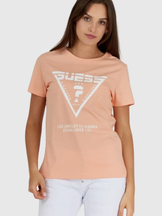 Zdjęcie produktu GUESS Brzoskwiniowy t-shirt damski z białym logo, Rozmiar XS Pomarańczowy