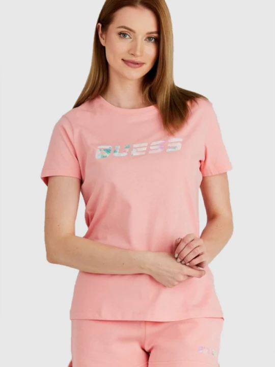 Zdjęcie produktu GUESS Brzoskwiniowy t-shirt damski z kolorowym logo, Rozmiar M