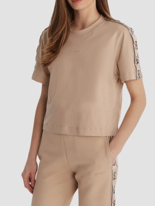 Zdjęcie produktu GUESS Ciemnobeżowy bawełniany t-shirt damski z lampasami Britney, Rozmiar L