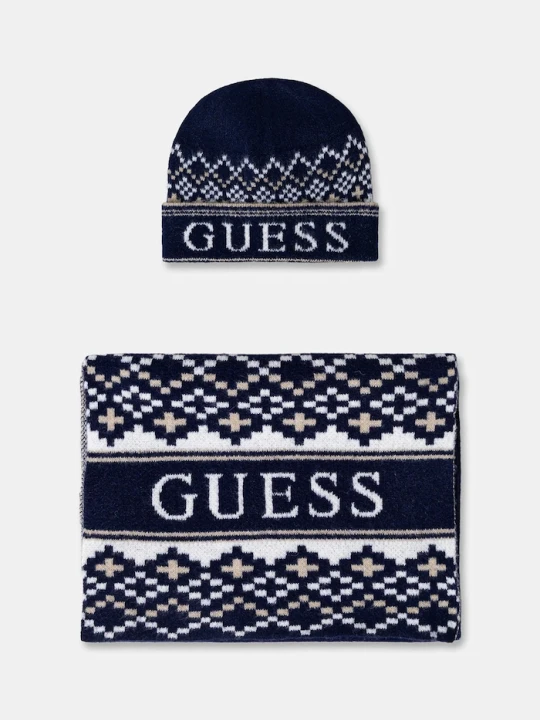 Zdjęcie produktu Guess czapka i szalik z dodatkiem wełny granatowy