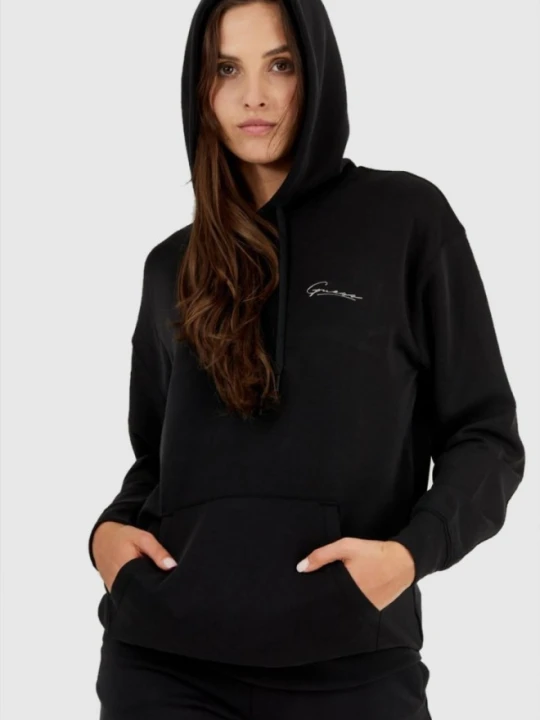 Zdjęcie produktu GUESS Czarna bluza damska ze srebrnym logo i kapturem, Rozmiar XS
