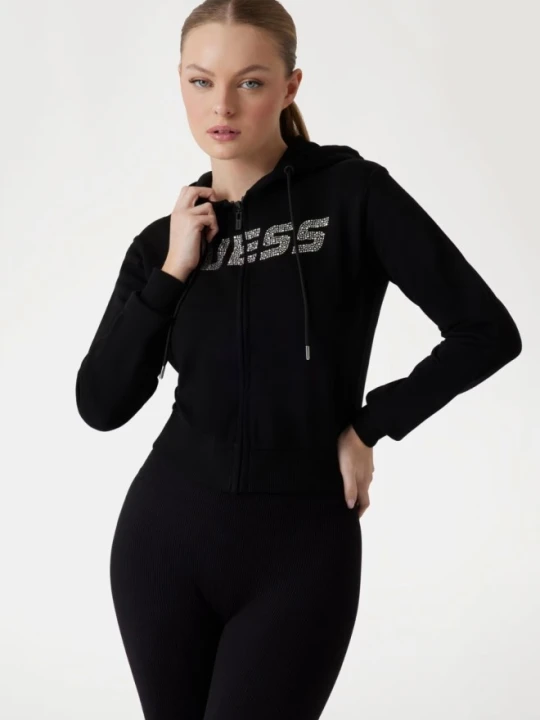 Zdjęcie produktu GUESS Czarna damska bluza z kapturem i cyrkoniami Primula, Rozmiar L