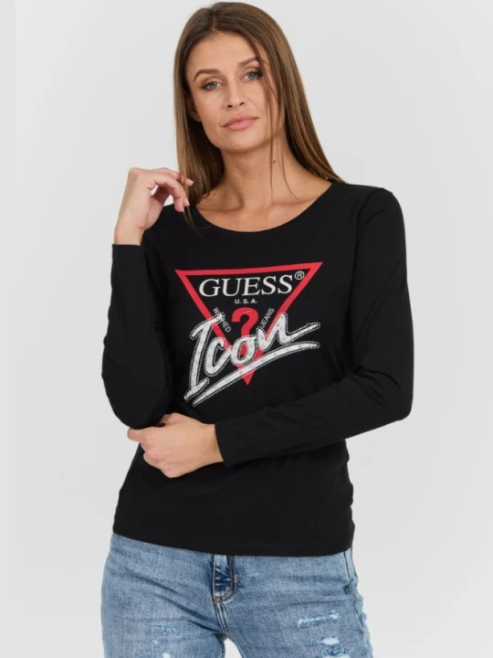 Zdjęcie produktu GUESS Czarny damski longsleeve Icon Tee z dużym logo, Rozmiar S