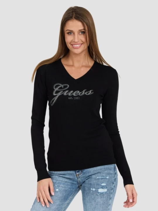 Zdjęcie produktu GUESS Czarny damski sweter Saige Logo Vn Ls Swtr, Rozmiar S