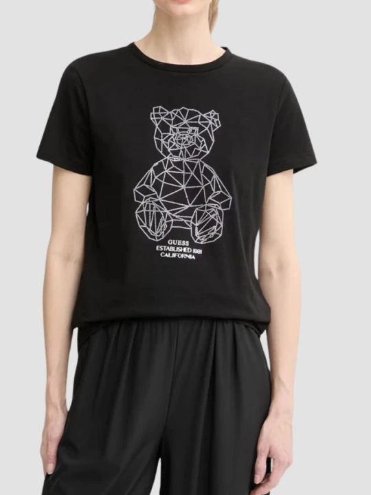Zdjęcie produktu GUESS Czarny damski t-shirt na krótki rękaw z cyrkoniami Romy, Rozmiar XS