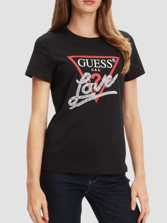 Zdjęcie produktu GUESS Czarny damski t-shirt Pearls Love, Rozmiar XS
