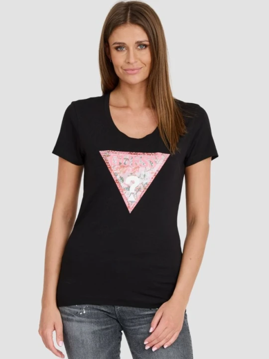 Zdjęcie produktu GUESS Czarny damski t-shirt Satin Triangle Tee, Rozmiar XS