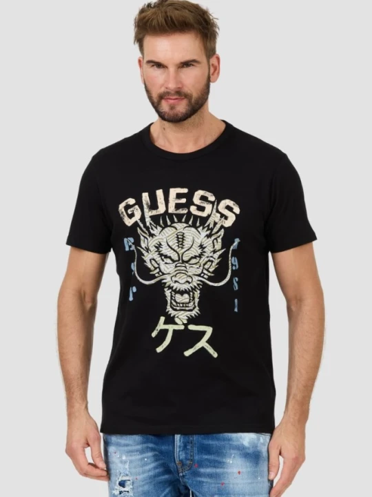 Zdjęcie produktu GUESS Czarny męski t-shirt bawełniany Dragon Tee, Rozmiar XXL
