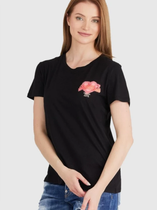Zdjęcie produktu GUESS Czarny t-shirt damski z kolorowym printem, Rozmiar M