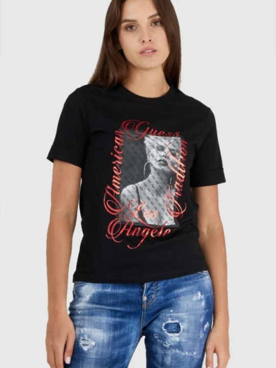 Zdjęcie produktu GUESS Czarny t-shirt damski z nadrukiem, Rozmiar XS