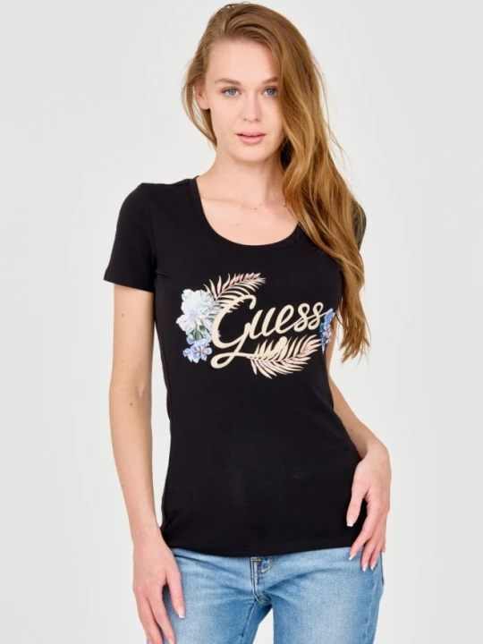 Zdjęcie produktu GUESS Damski czarny t-shirt ze zdobionym logo, Rozmiar S