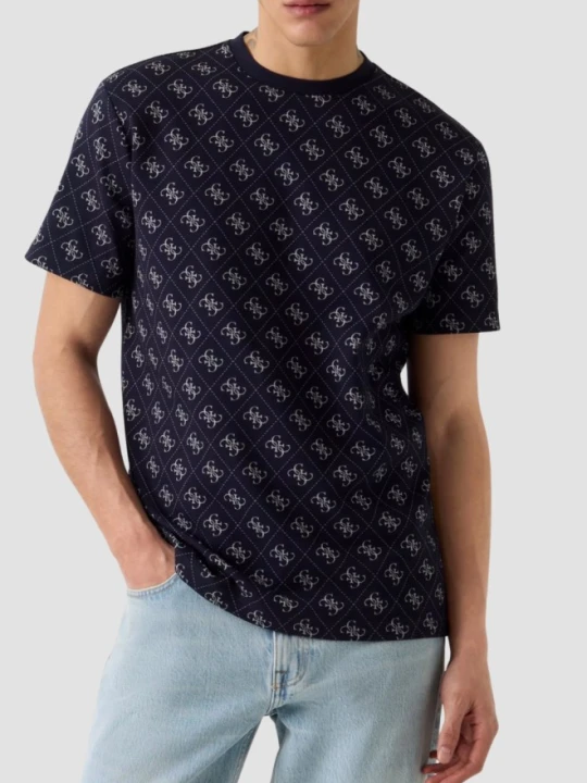 Zdjęcie produktu GUESS Granatowy męski t-shirt w monogram Jacquard 4G Knit, Rozmiar XL Niebieski
