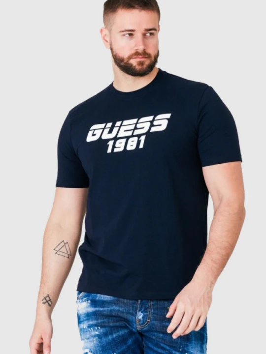 Zdjęcie produktu GUESS Granatowy t-shirt męski z odblaskowym logo, Rozmiar S Niebieski