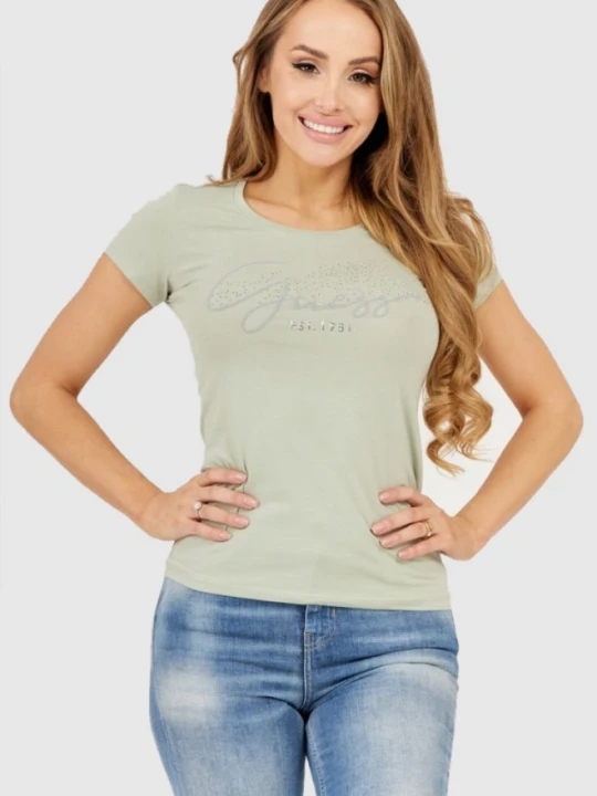 Zdjęcie produktu GUESS Jasnozielony t-shirt damski z logo i kryształkami, Rozmiar XS
