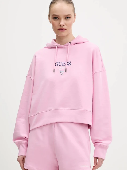 Zdjęcie produktu Guess Jeans bluza z kapturem damska bawełniana różowy