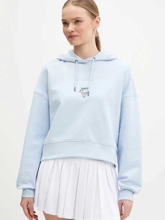 Zdjęcie produktu Guess Jeans bluza z kapturem damska bawełniana niebieski