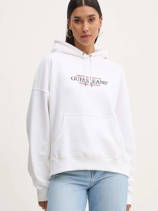 Zdjęcie produktu Guess Jeans bluza z kapturem damska z bawełną biały