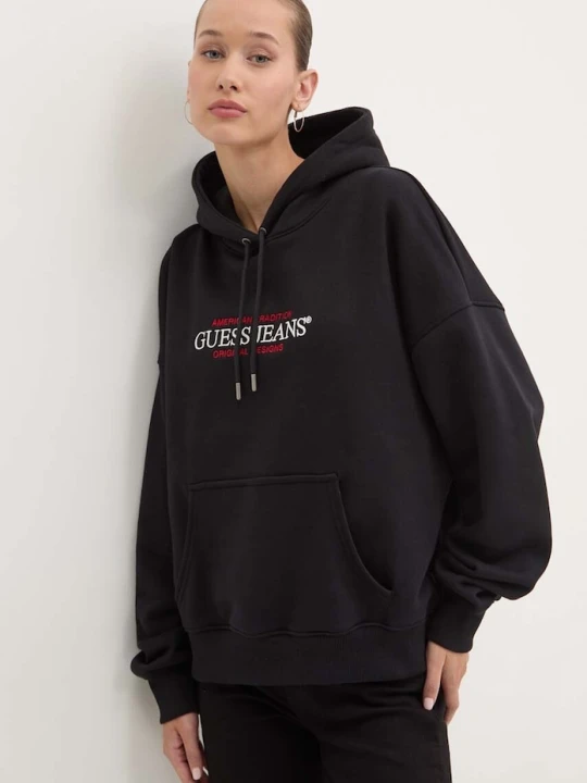 Zdjęcie produktu Guess Jeans bluza z kapturem damska z bawełną czarny